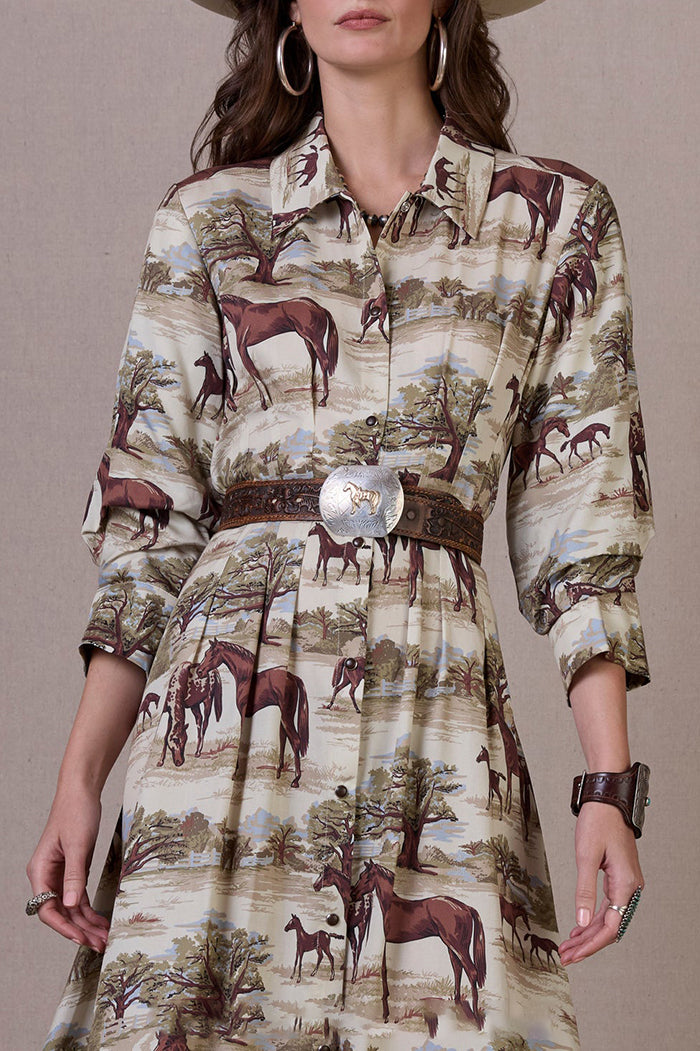 Horse Print Collared 3/4 Sleeve Midi Dress