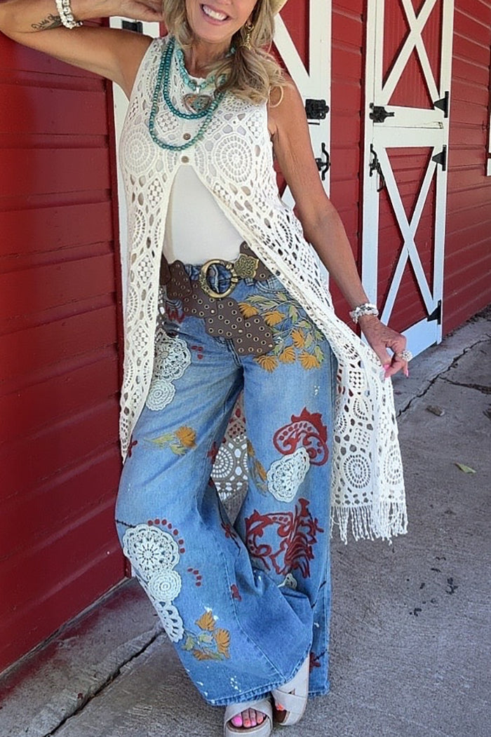 Sleeveless Crochet Fringed Long Duster