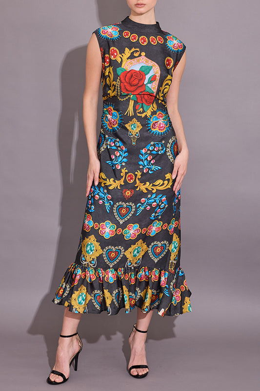Floral Print Sleeveless Ruffle Hem Midi Dress