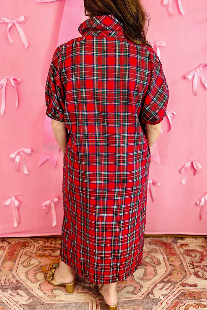 Casual Red Plaid Pocket Maxi Dress