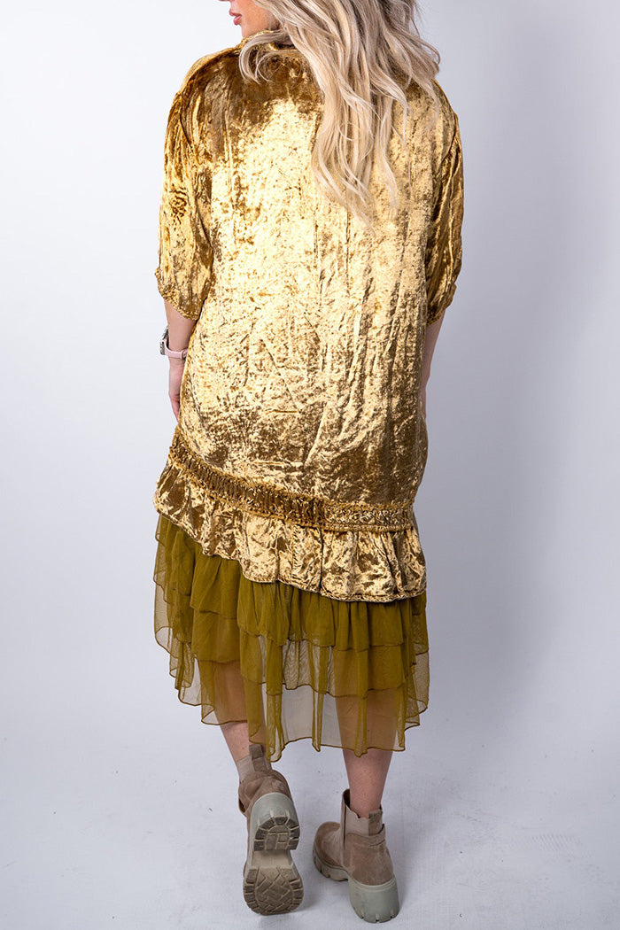 3/4 Sleeve Velvet Ruffle Hem Button Tunic