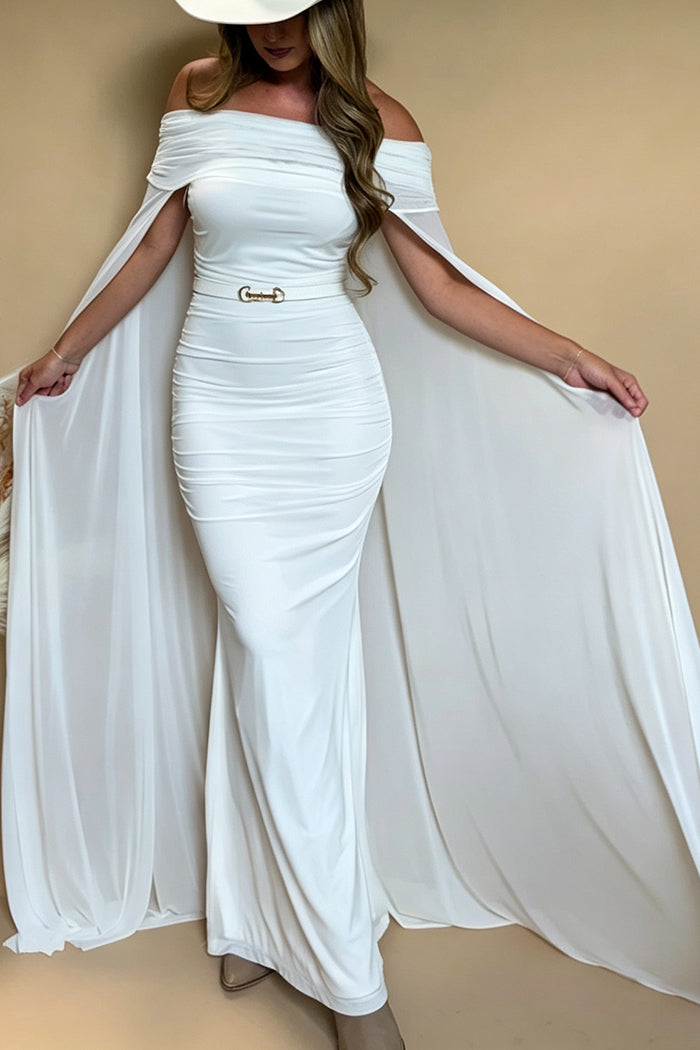 Off Shoulder Sheer Cape Maxi Dress