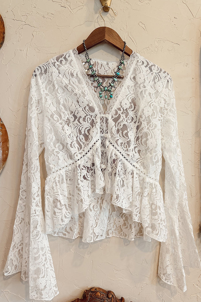 Ruffle Bell Sleeve Button Front Lace Top