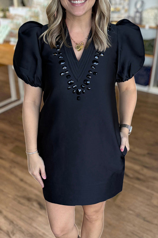 Pocket Accented Beaded Puff Sleeve Dress