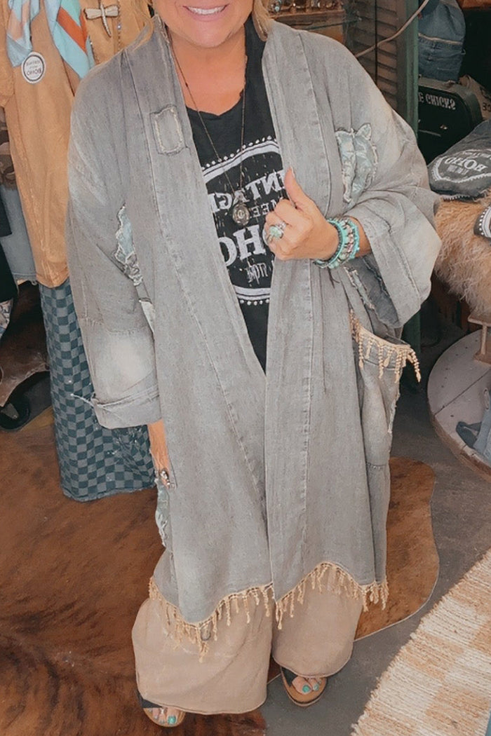 Oversized Denim Patchwork Pocket Kimono