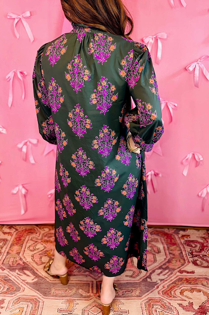 Botanical Print 3/4 Sleeve Pocket Midi Dress