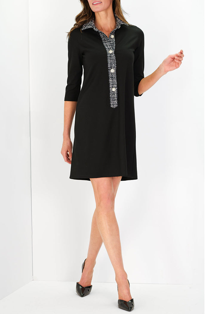 Black Tweed-Trimmed Collared Dress