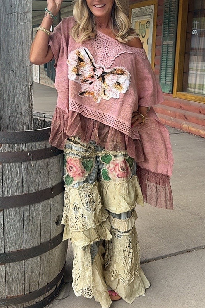 Lace Trim Tiered Hem Butterfly Applique Poncho