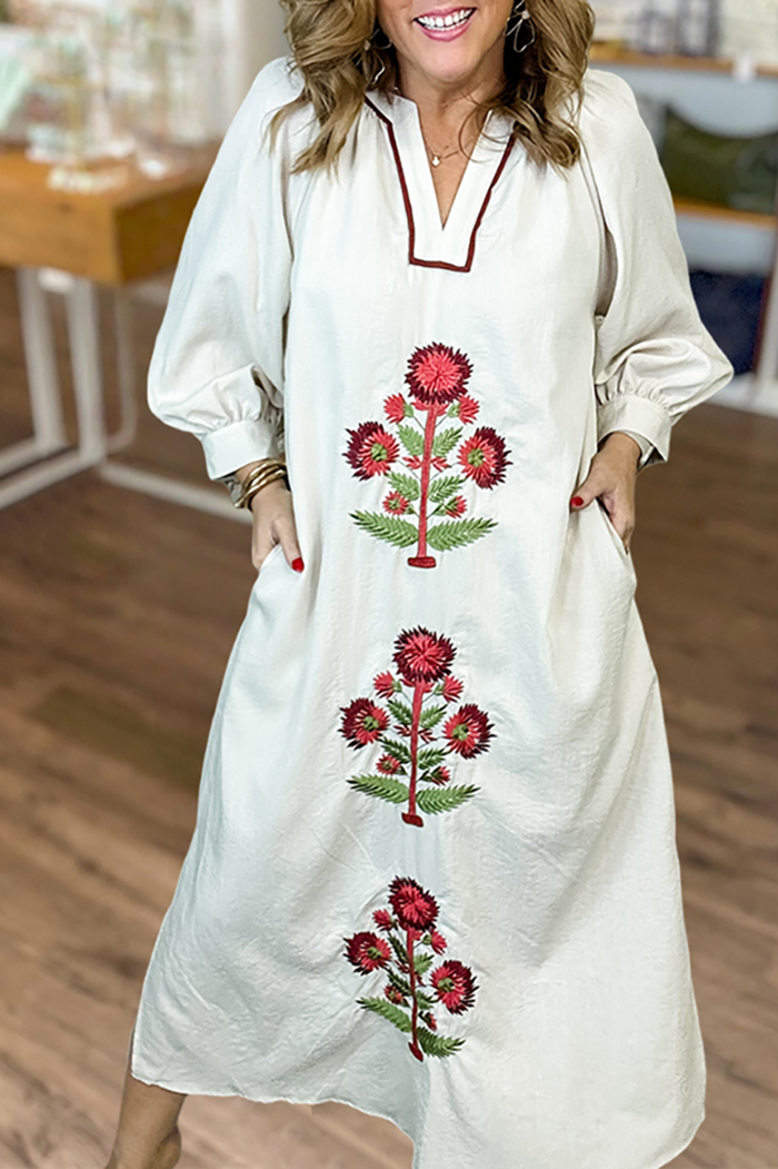 Embroidered Floral Long Sleeve Pocket Maxi Dress