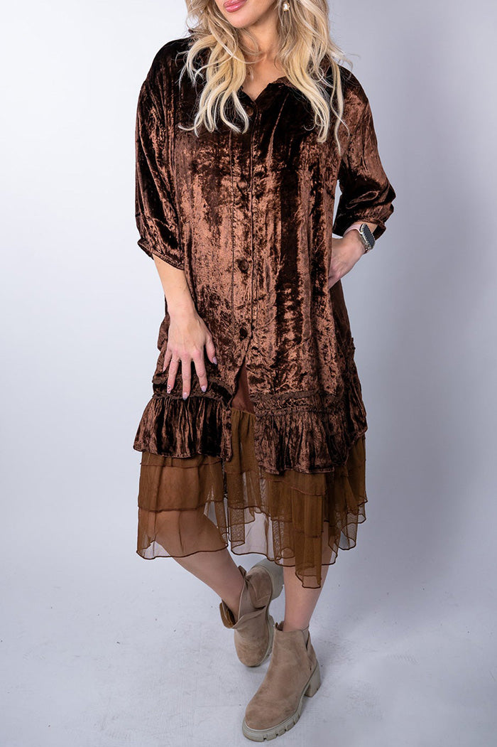 3/4 Sleeve Velvet Ruffle Hem Button Tunic