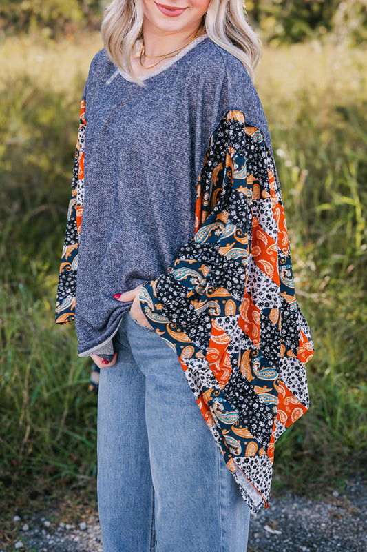 Denim Heather Print Flowy Sleeve Loose Casual Top