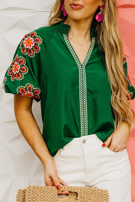 Embroidered Puff Sleeve Top