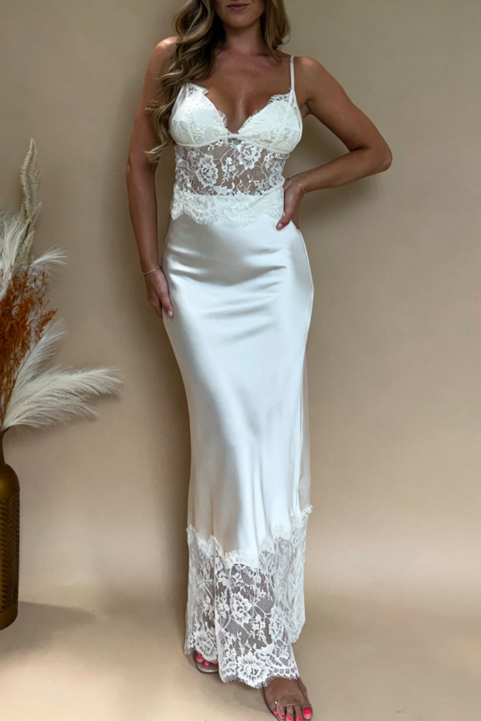Lace Overlay Adjustable Strap Back Zipper Maxi Dress