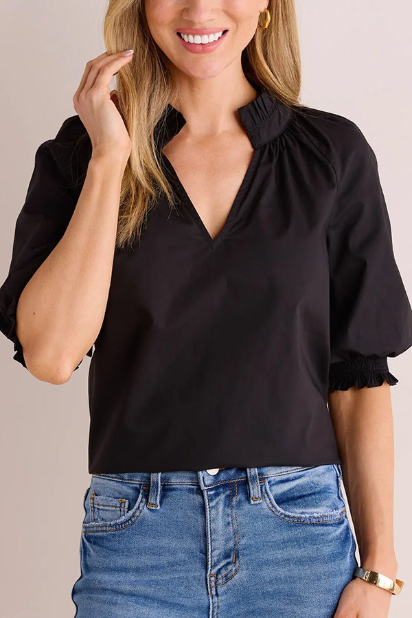 Casual V-Neck Puff Sleeve Top