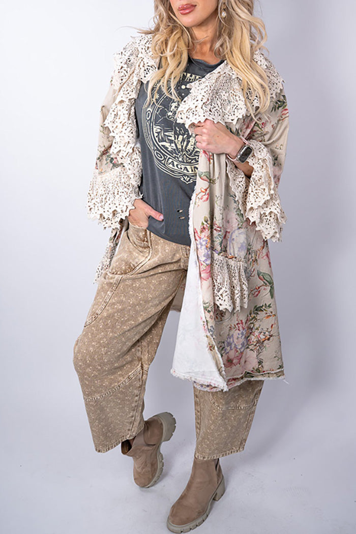 Lace Trim Floral Print Kimono Cardigan