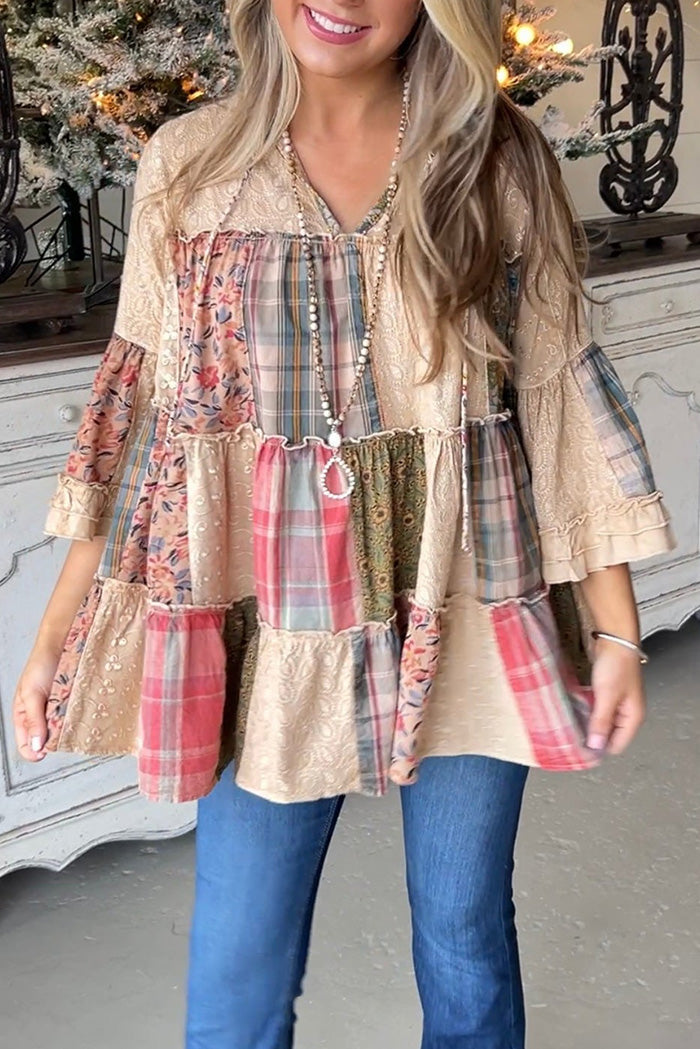Boho Patchwork Plaid Floral Tiered Top