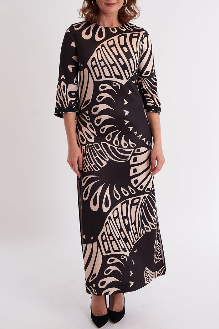 3/4 Sleeves Print Ruffled-Cuff Slit Maxi Dress