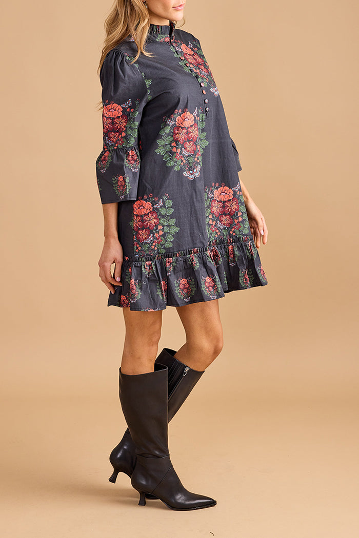Stand-Collar Button-Front Ruffled Hem Dress