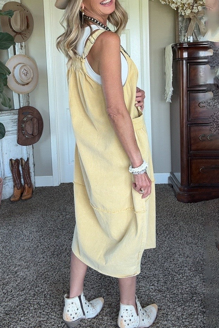 Yellow Adjustable Strap Raw Hem Pocket Jumper Dress
