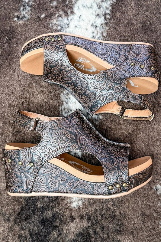 Western Tooled Floral Wedge Sandals
