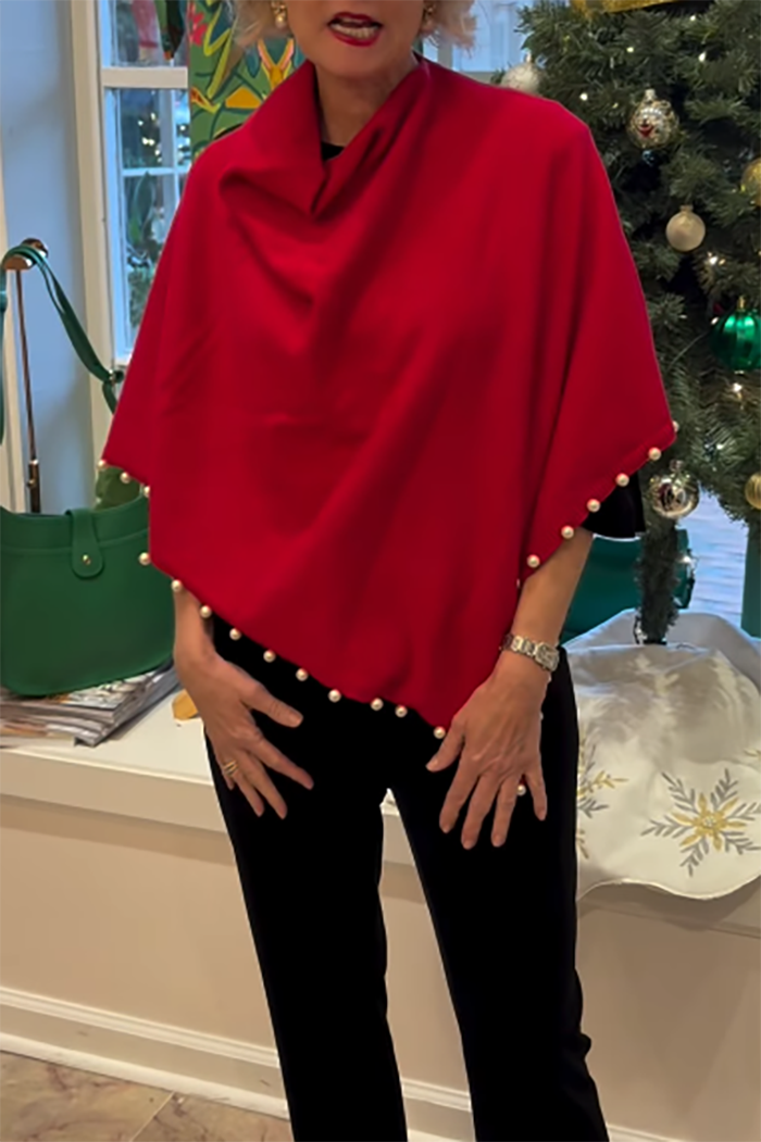 Red Pearl Trim Knit Poncho