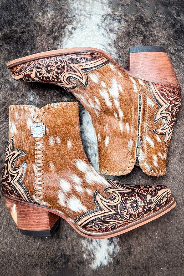Spotted Cowhide Western Tooled Floral Ankle Booties