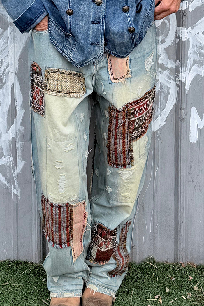 Distressed Washed Blue Patchwork Jeans