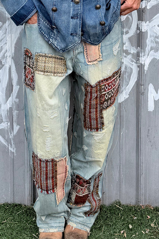 Distressed Washed Blue Patchwork Jeans