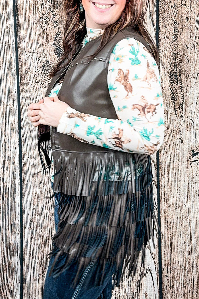 Western Rivet Decor Fringe Tier Brown Sleeveless Vest