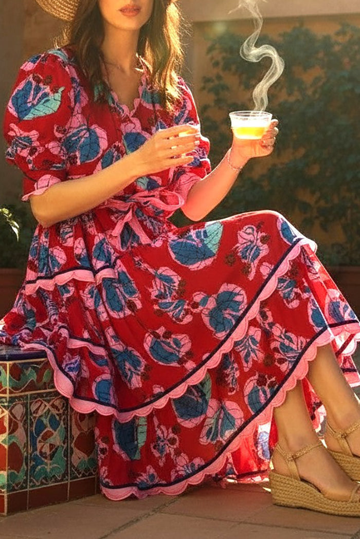 Belted Scalloped Trim Print Long Dress
