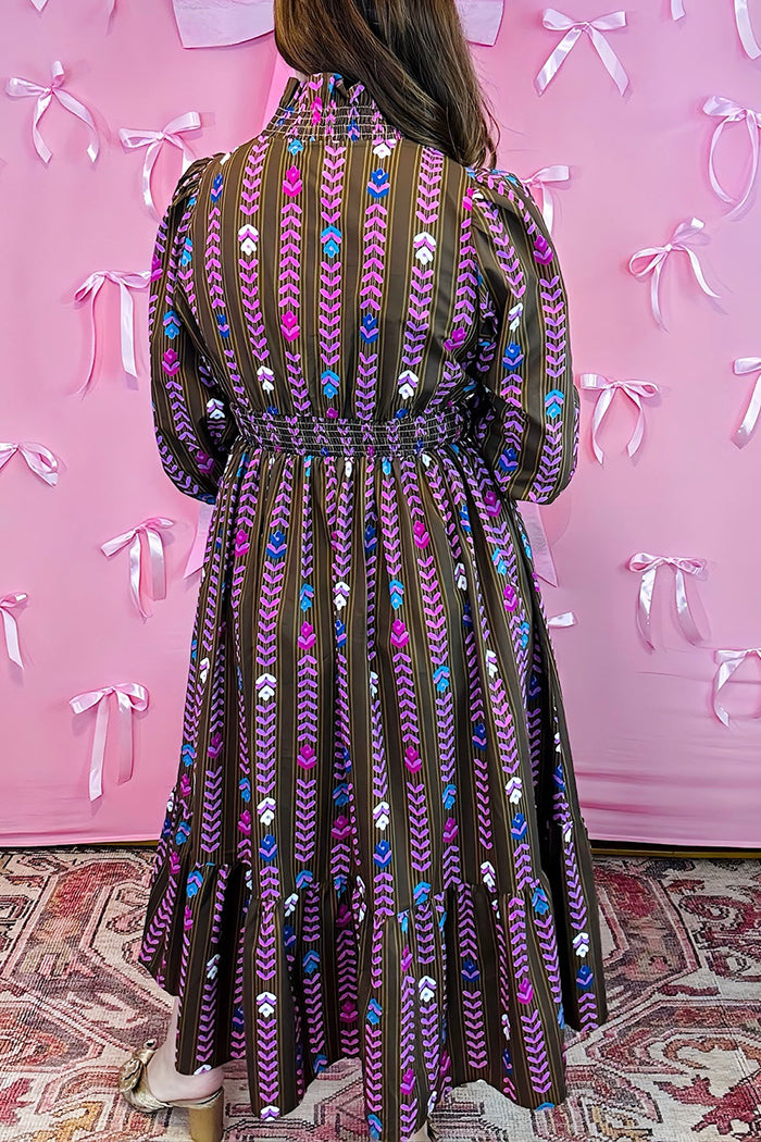 Smocked Ruffle Neck Long Sleeve Dress