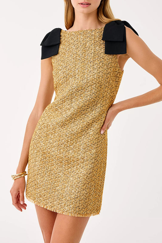 Bow Shoulder Golden Boucle Skirted Romper