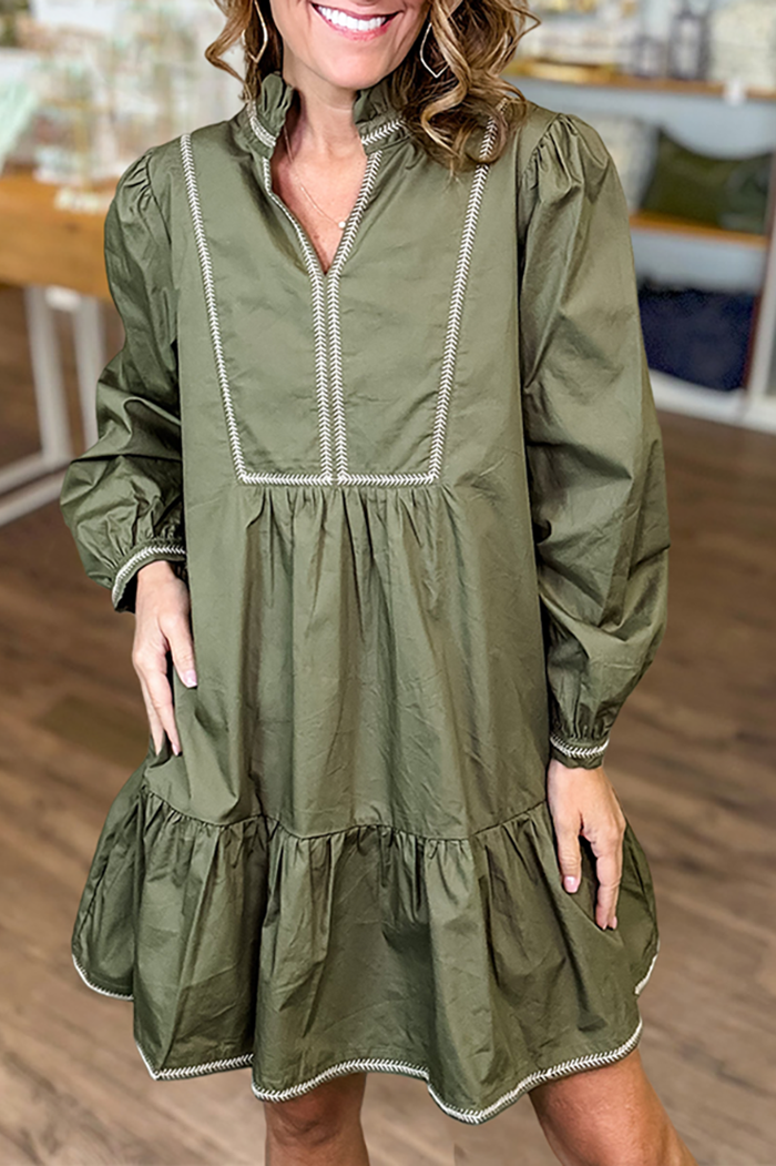Ruffled Neck Pockets Long Sleeves Solid Dress