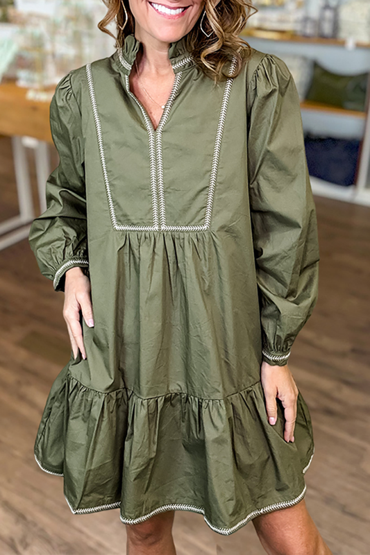 Ruffled Neck Pockets Long Sleeves Solid Dress