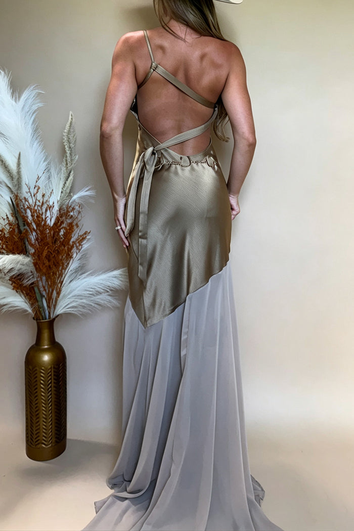 One Shoulder Satin Chiffon Mix Backless Maxi Dress