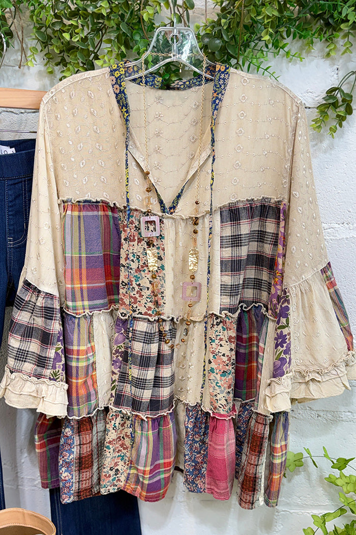 Boho Patchwork Plaid Floral Tiered Top