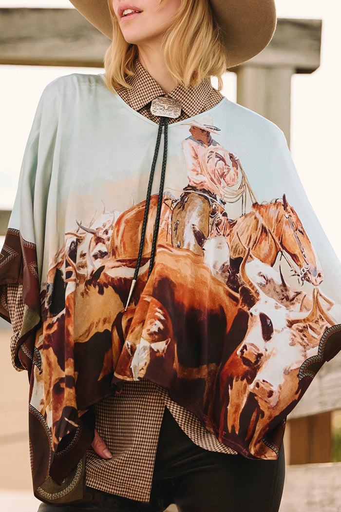 Pale Blue Western Print Poncho