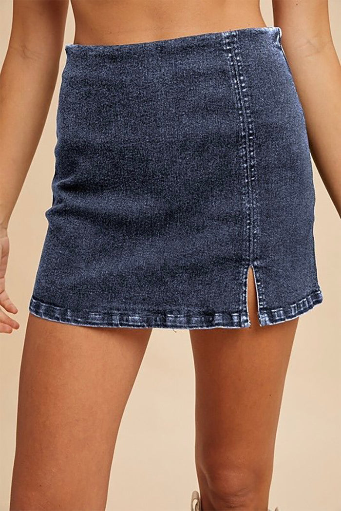 Slit Side Zippered Built In Shorts Washed Denim Skort