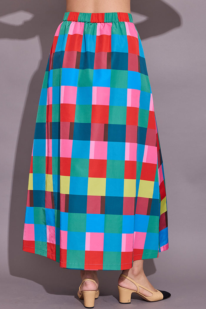 Vibrant Color-Block Plaid Maxi Skirt