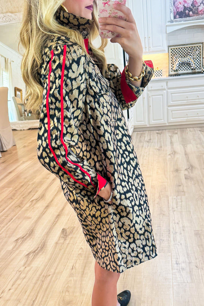 Leopard Print Button-Down Pocket Shirt Dress