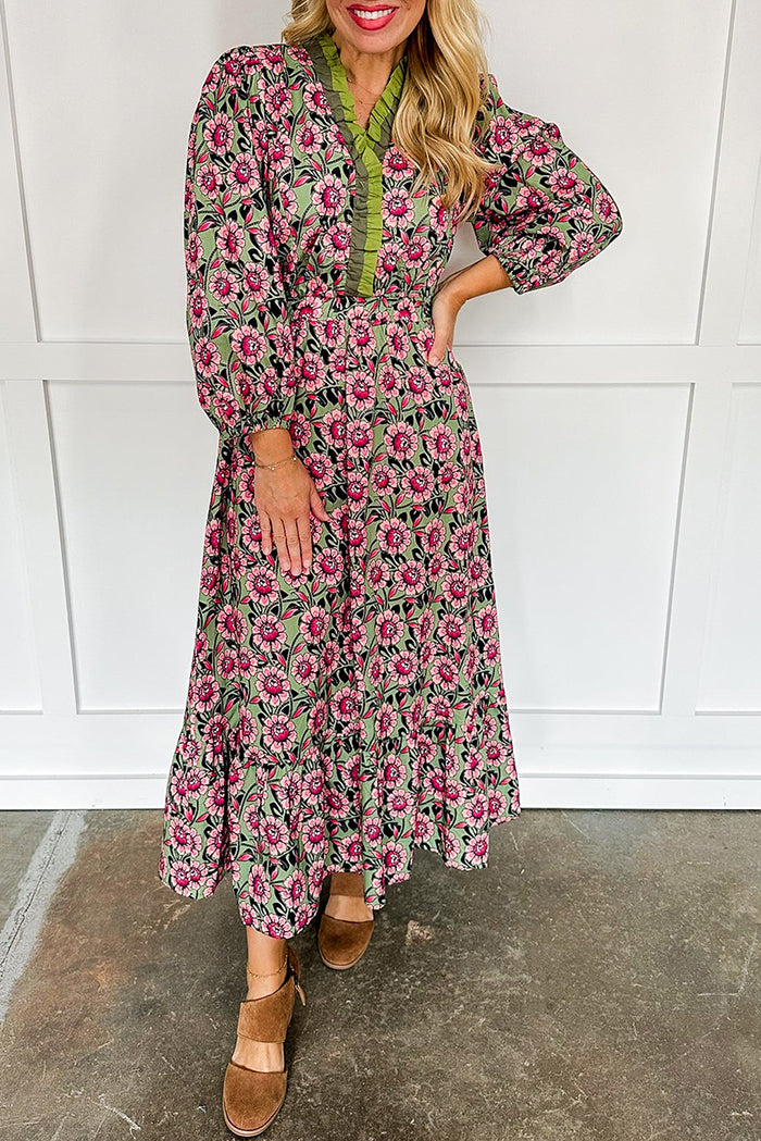 Ruffled Neck Smocked-Waist Printed Maxi Dress