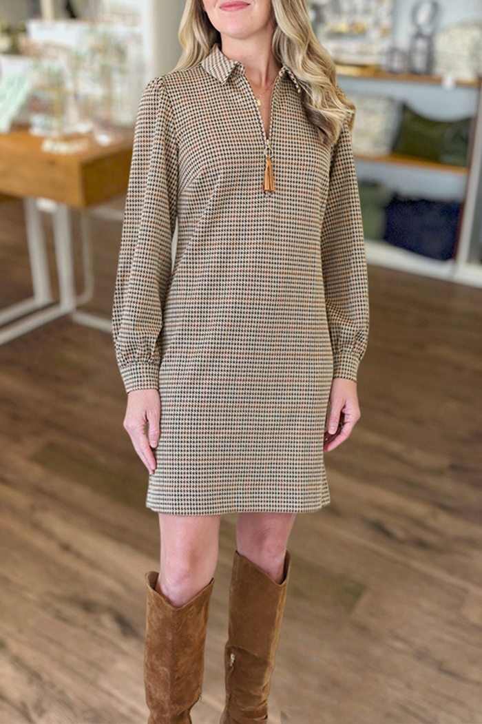 Half-Zip Houndstooth Pattern Dress