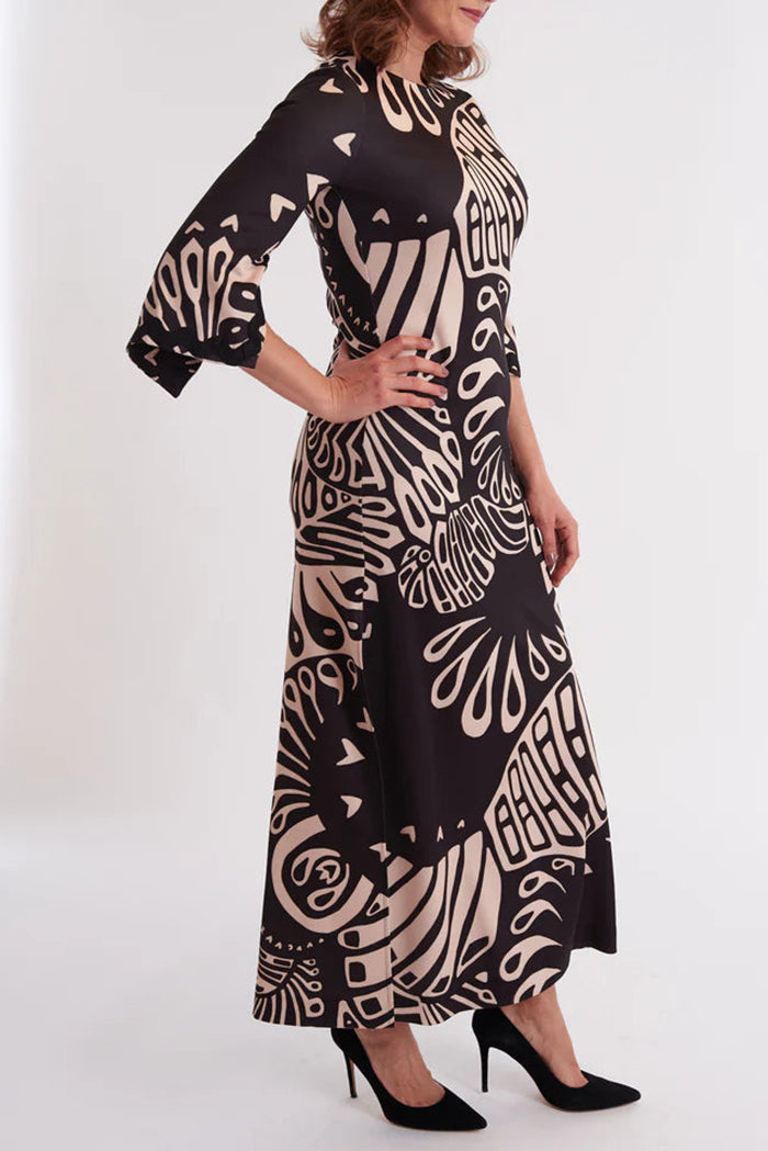 3/4 Sleeves Print Ruffled-Cuff Slit Maxi Dress