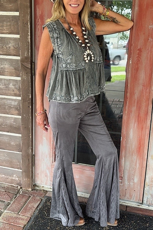Ruffled Sleeveless Tank & Lace Flare Leg Pants Set