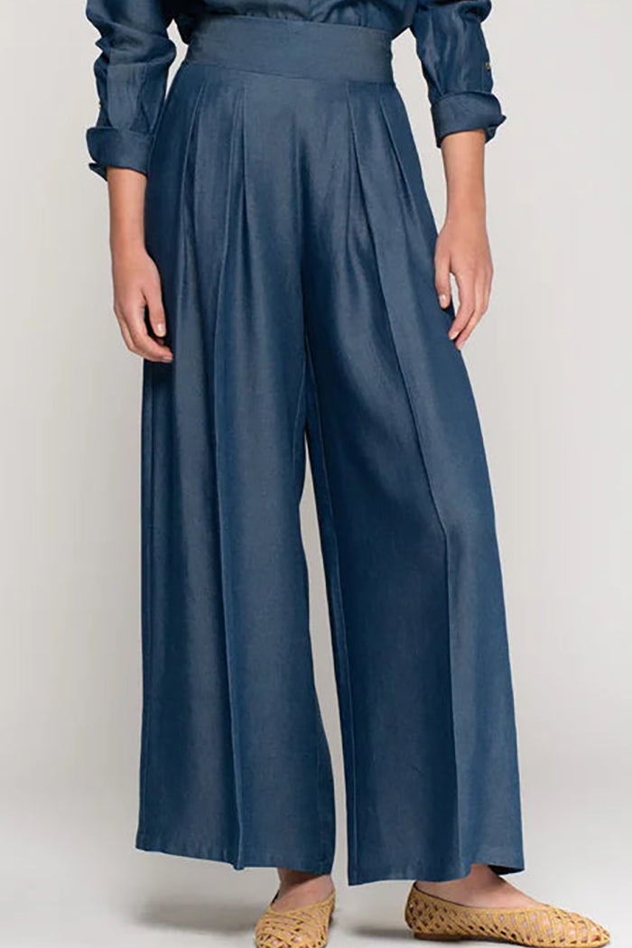 Denim Pleated Wide Leg Pocket Pant