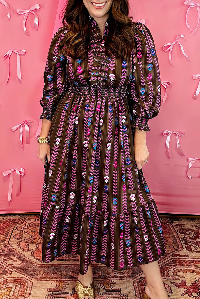 Smocked Ruffle Neck Long Sleeve Dress