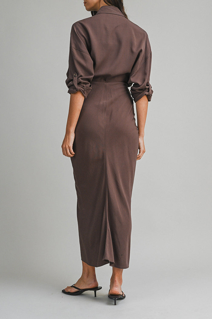 Ruched Front Tie Shirt Maxi Dress