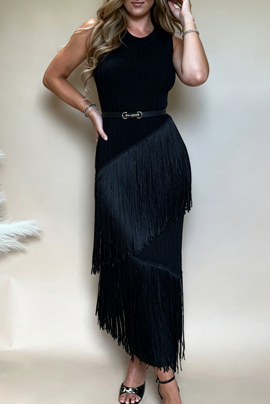 Crew Neck Sleeveless Asymmetrical Loop Fringe Midi Dress