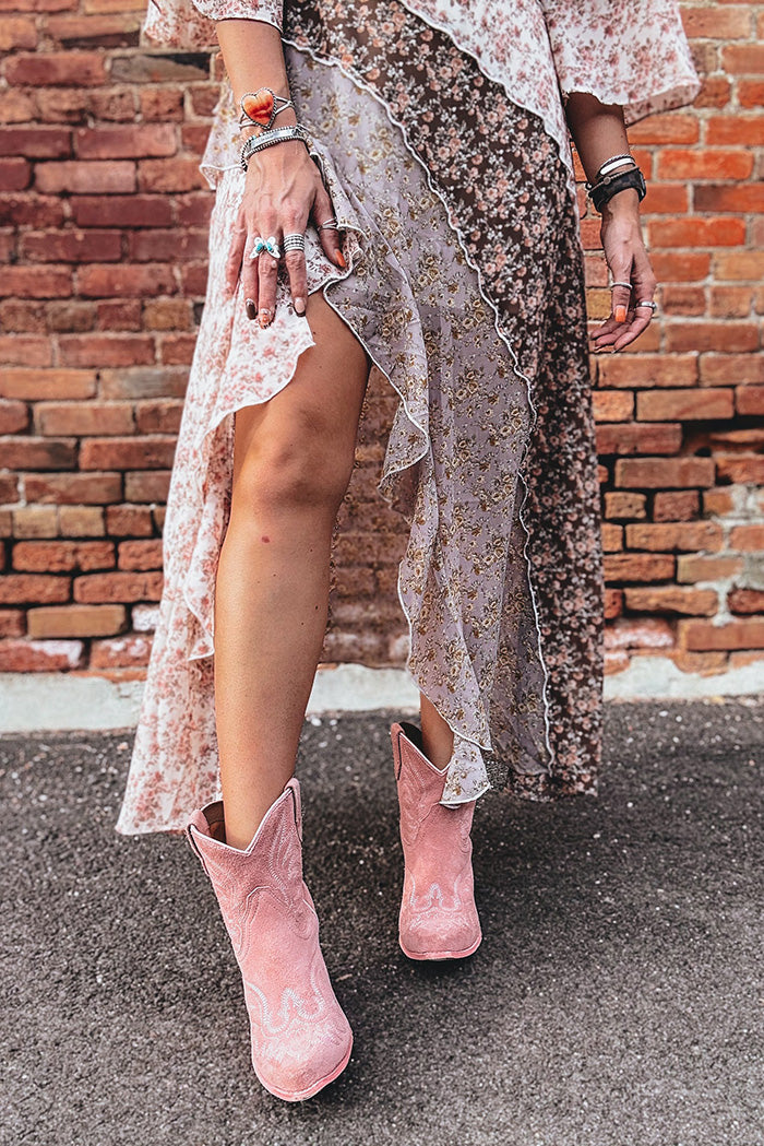 Floral Patchwork Ruffle Trim Back Zipper Dress