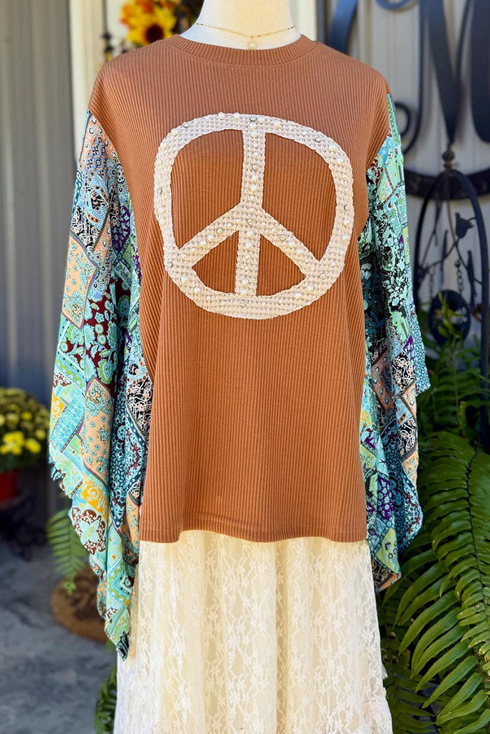 Peace Sign Patchwork Sleeve Top